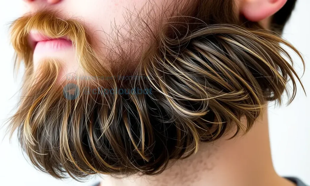 A detailed close-up of a man's beard and head hair, showcasing the texture difference between the two. The beard should appear coarse and thick, while the head hair should look softer and finer. The image should highlight the natural contrast in texture and density, providing a clear visual comparison.