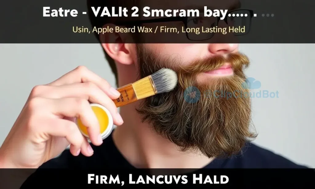 A person applying beard wax to their beard, showing the wax being evenly distributed across the hair for a firm, long-lasting hold. The scene should depict a clean, well-groomed beard with the wax visibly shaping and defining the hair. Include a hand holding a small container of beard wax and a brush or fingers applying it to the beard. The background should be neutral and simple to focus on the application process.