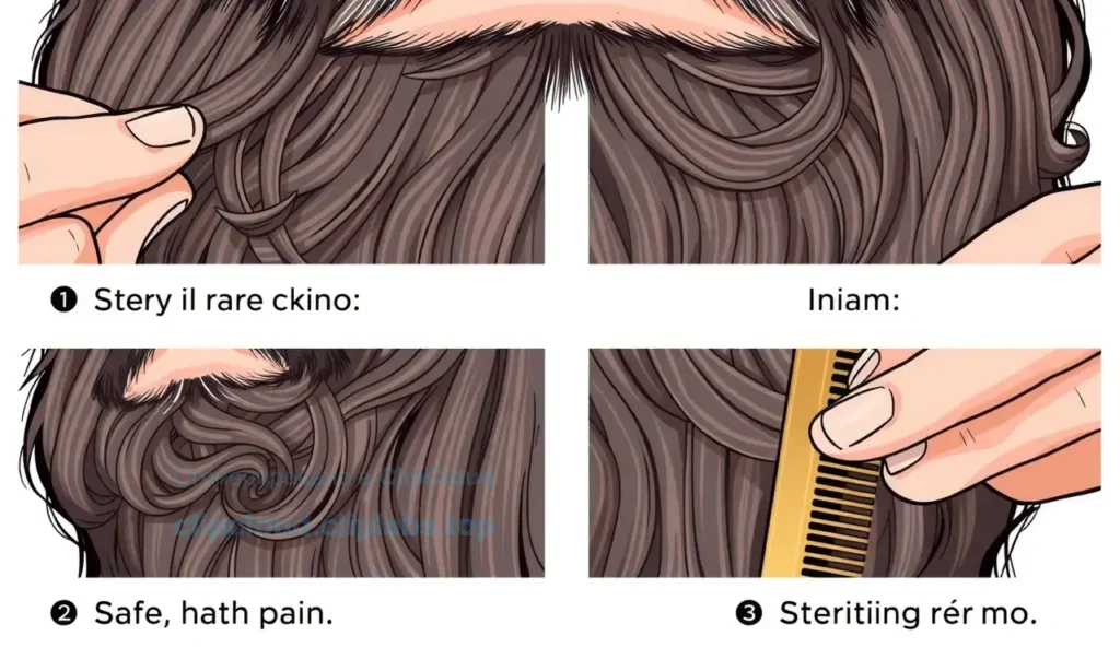 A close-up illustration showing a man's beard with tangled, knotted strands being gently untangled by a pair of hands using a wide-toothed comb, with clear visual steps demonstrating safe techniques, no visible pain or harm, clean background, professional and instructional style