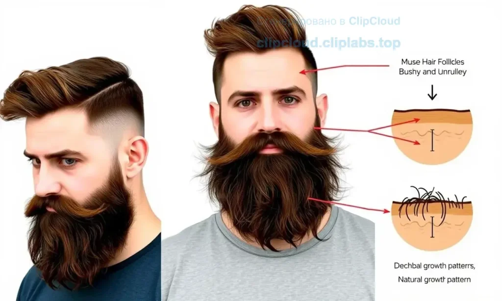 A man with a beard showing various stages of beard growth, from short stubble to a full, messy beard with strands sticking out in different directions, illustrating the reasons why beards become bushy and unruly, with clear visual examples of hair follicles, skin texture, and natural growth patterns, in a clear, educational infographic style