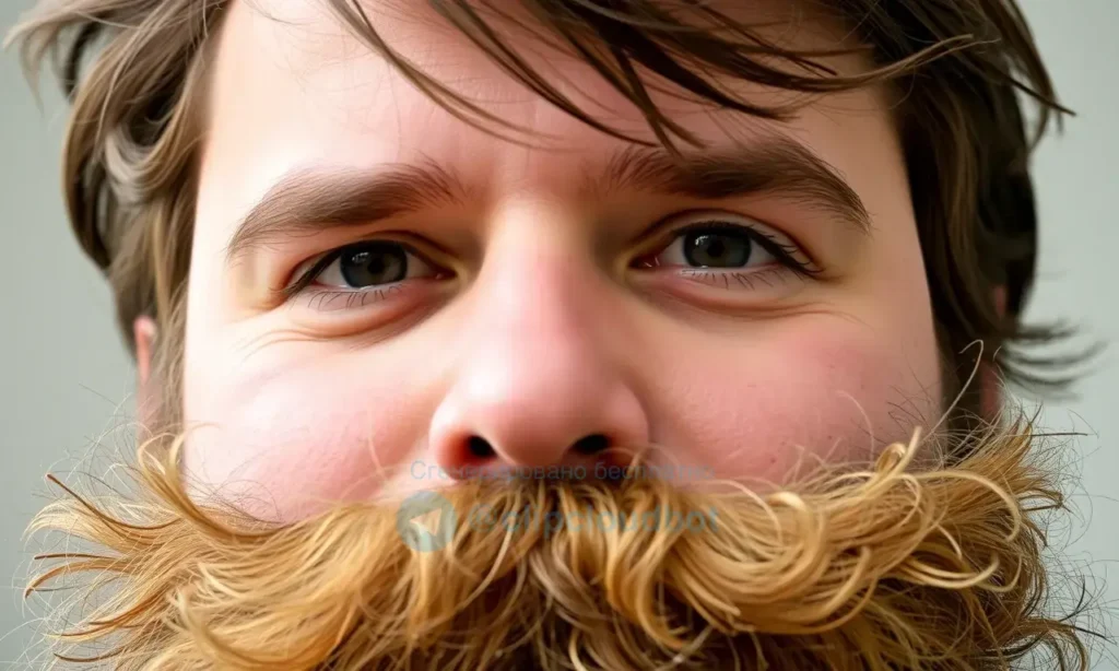 A close-up of a man with a thick, unruly beard that is puffed out and sticking in various directions. The beard should have a natural, wild appearance with different lengths and textures. The man should have a neutral expression, and the focus should be on the beard's unique and untamed look.
