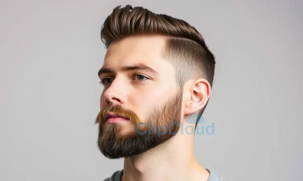 A well-groomed beard styled neatly, showing a clean and polished appearance, with no visible stray hairs or uneven trimming, set against a neutral background