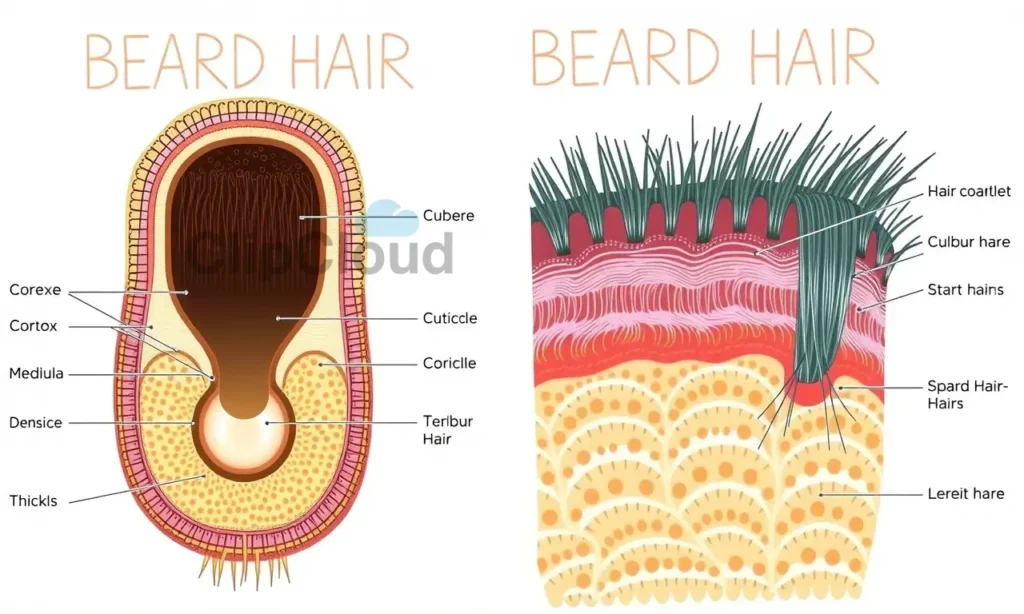 A detailed illustration of the anatomy of a beard hair follicle and a head hair follicle side by side, highlighting the structural differences that make beard hair coarser and thicker. Show the cross-sections of both types of hair, emphasizing the cuticle, cortex, and medulla layers. Include a close-up view of the hair shaft to illustrate the texture and density differences.