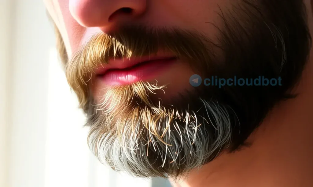 A close-up photo of a man's beard with sunlight highlighting the lighter areas. The beard should have a natural, slightly textured appearance. Focus on the interplay of light and shadow on the facial hair.