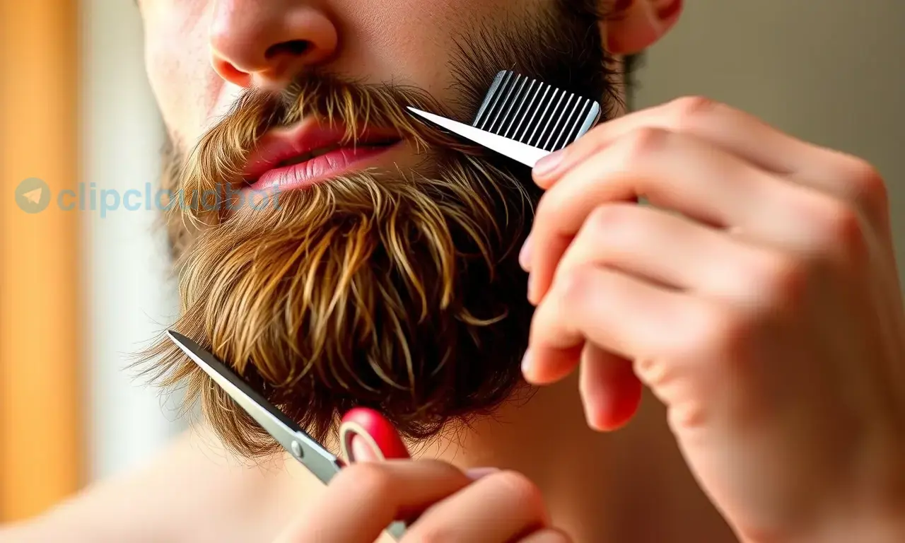 A man grooming his beard with a comb and scissors, showing a well-maintained and trimmed beard, clean skin around the beard area, and a healthy appearance, in a realistic and detailed style