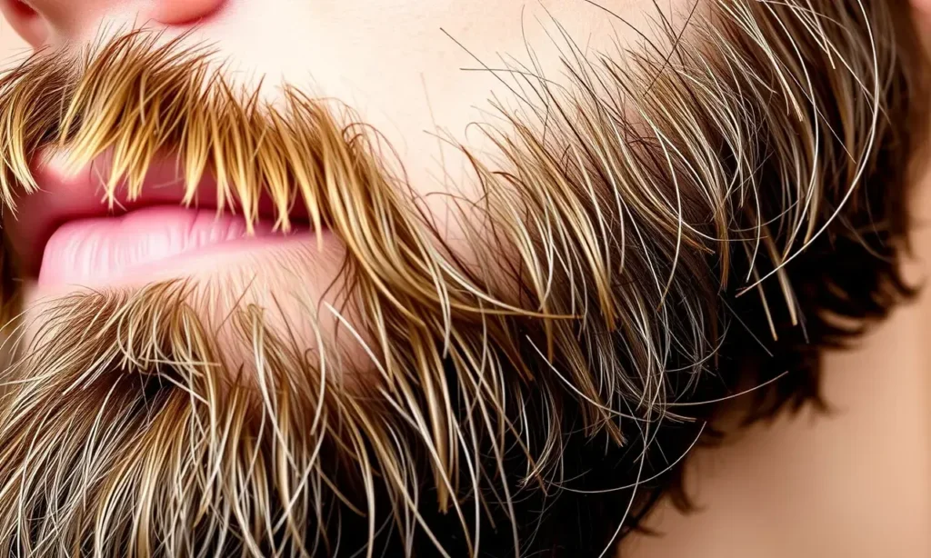 A close-up of a well-groomed man's beard with healthy, hydrated ends, showing no dry or split tips, natural lighting, realistic skin texture, subtle facial hair detail, clean background, emphasizing beard health and nourishment