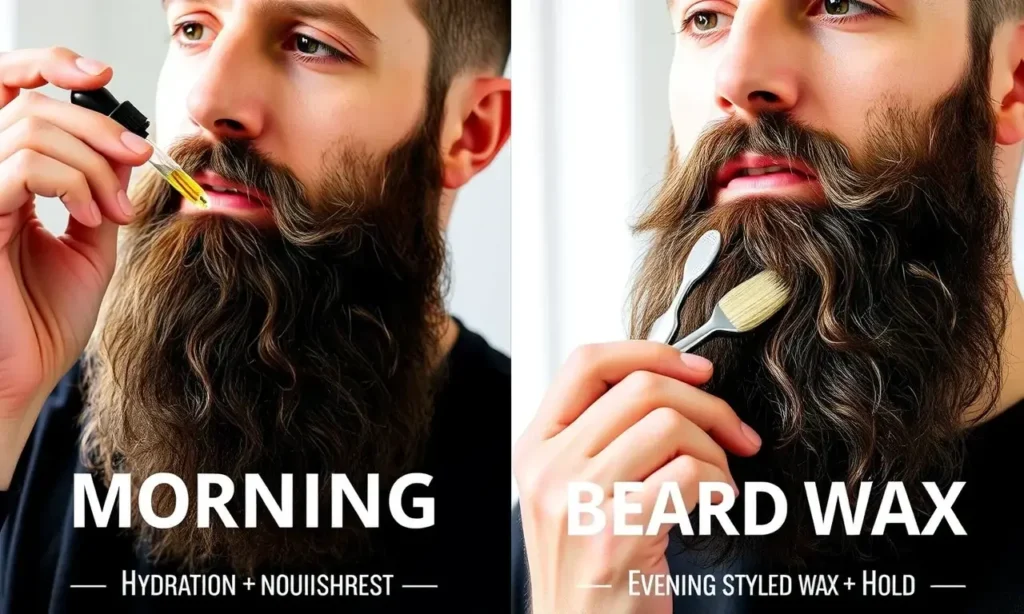 A well-groomed man with a full beard, showcasing the application of beard oil in the morning and beard wax in the evening. The morning scene should depict the man applying beard oil with a dropper, emphasizing hydration and nourishment. The evening scene should show the man using a small brush to apply beard wax, highlighting the styling and hold. The background should be a clean, minimalist setting with natural lighting to emphasize the grooming routine.