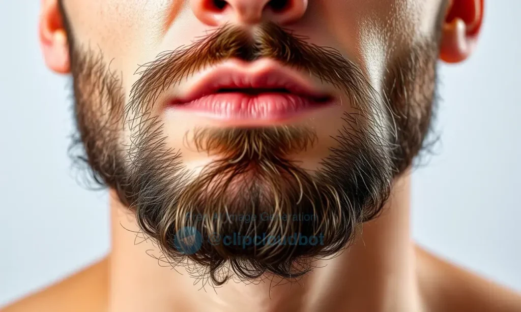 A close-up, high-quality portrait of a man with a well-groomed beard, focusing on the skin texture under the beard. The image should demonstrate a clear contrast between the slightly darker skin tone under the beard and the lighter, even skin tone on the cheeks and forehead, illustrating the topic of skin discoloration. The lighting should be soft and professional to highlight the skin details without harsh shadows.
