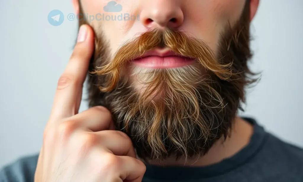 A close-up portrait of a man with a newly grown beard, showing his hand gently touching the beard to emphasize the itching sensation. The beard should appear short and stubbly, with visible redness or irritation on the skin underneath. The man's expression should convey discomfort or curiosity about the itching. The background should be neutral and slightly blurred to focus on the beard and facial expression.