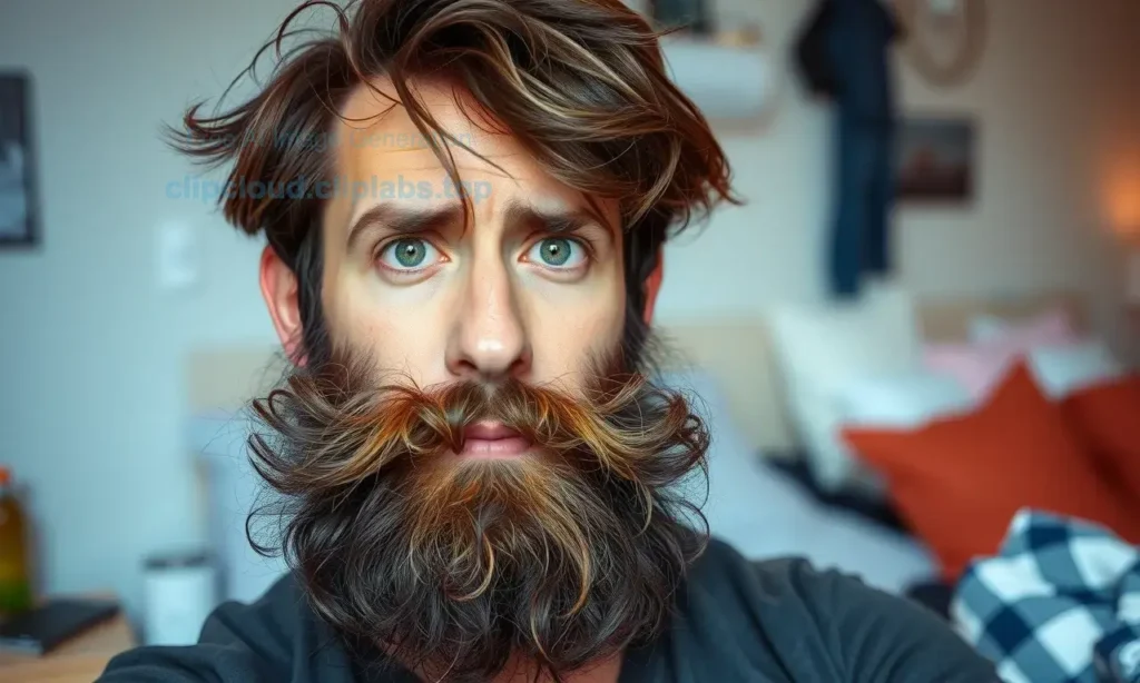A man with a messy, unkempt beard after waking up, looking disheveled and tired, with a slightly chaotic morning scene in the background, such as a messy bed or scattered clothes, to emphasize the need for grooming. The image should focus on the beard's unruly state and the man's need for quick grooming solutions.