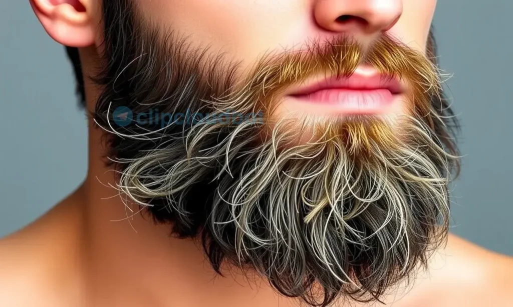 A well-groomed man with a beard that has dry tips, showcasing the contrast between the healthy, moisturized parts of the beard and the dry, brittle ends. The man should have normal skin, emphasizing the specific issue of dry beard tips. The image should focus on the beard's texture and condition, highlighting the need for targeted care.