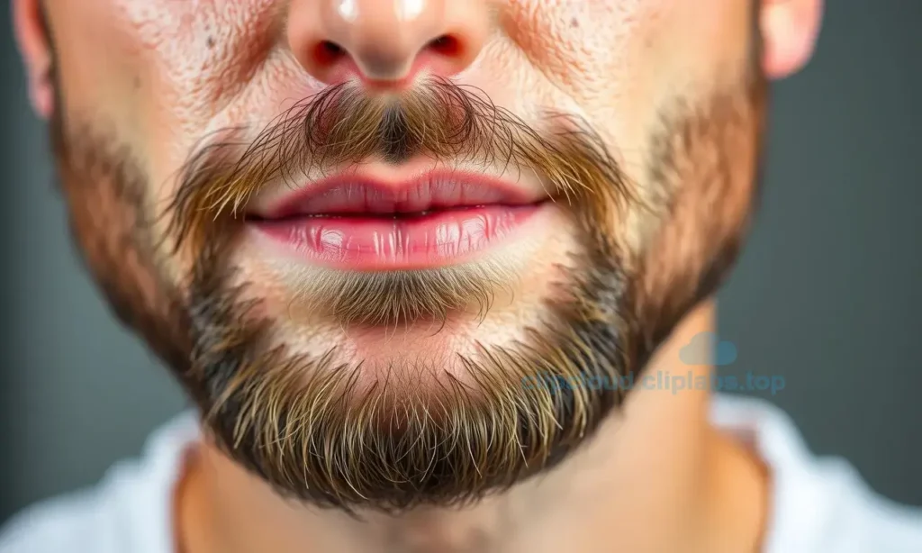 A close-up, high-quality photograph of a man's face, focusing on the area under his beard. The skin in this region appears visibly oily and shiny, with a noticeable sheen reflecting light, illustrating the problem of excess sebum production. The beard itself is well-groomed but the underlying skin texture is the primary subject. The image should be realistic and suitable for a skincare or grooming article.