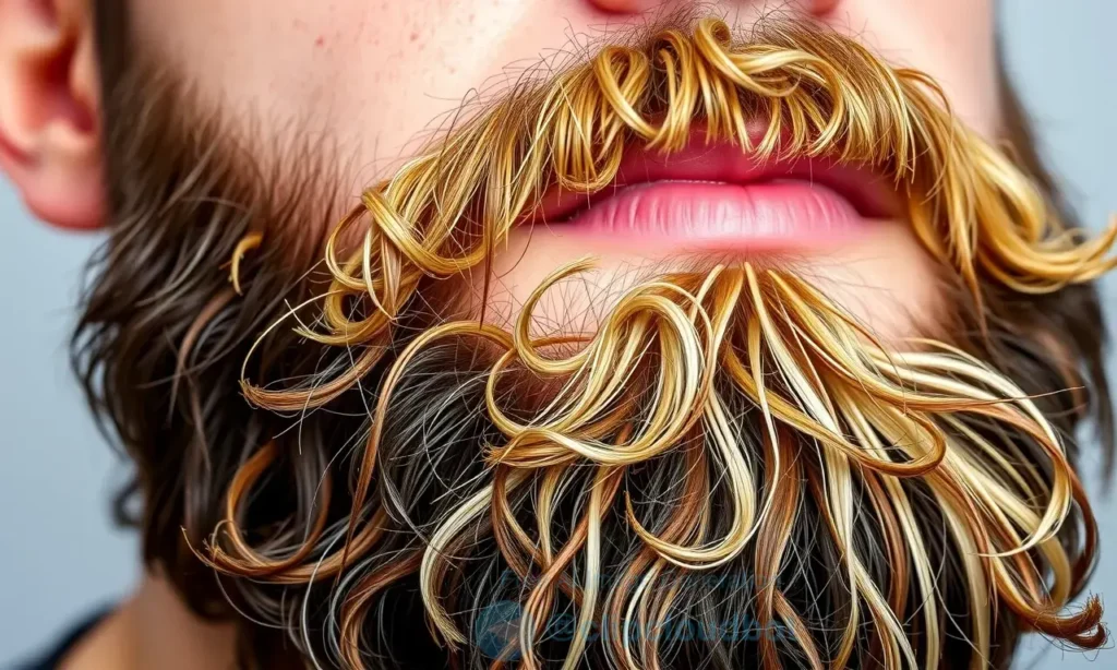 A close-up of a well-groomed beard with dry ends, showcasing the contrast between the healthy, moisturized skin and the dry, brittle tips of the beard hairs. The beard should appear full and well-maintained, with a focus on the texture and condition of the hair. The background should be neutral and uncluttered to keep the focus on the beard.
