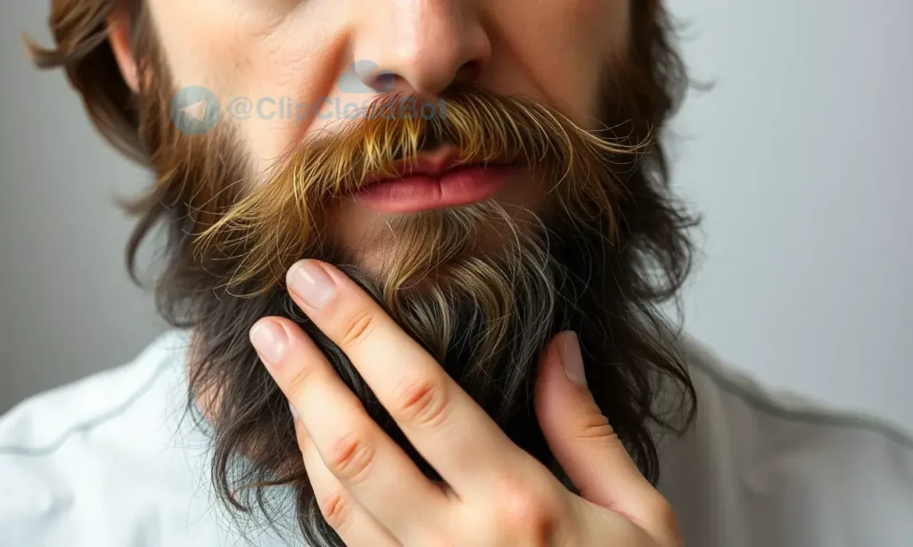 A close-up, realistic depiction of a woman gently touching a man's beard. The beard should appear thick and slightly textured, but not overly coarse. The woman's expression should be soft and concerned, suggesting empathy. Focus on the texture of the beard and the subtle interaction between the hands and beard. The background should be blurred and neutral, drawing attention to the main subject.