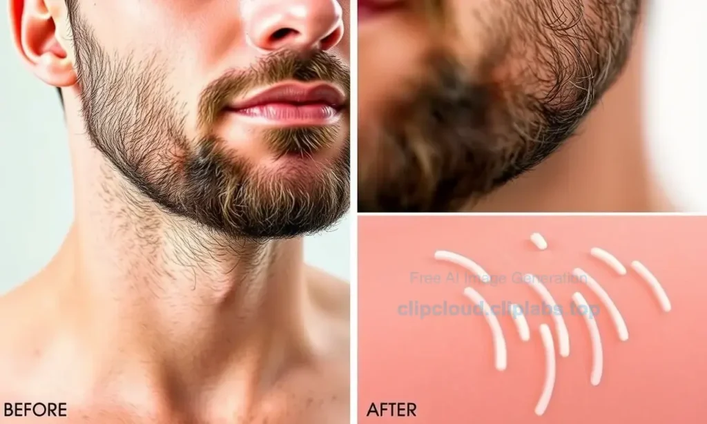 A man with a freshly shaved beard, showing the contrast between the clean-shaven area and the natural beard growth starting to regrow. The image should depict the early stages of beard regrowth, highlighting the texture and color of the new hair. Include a close-up view of the beard area with soft lighting to emphasize the details of the regrowing hair.