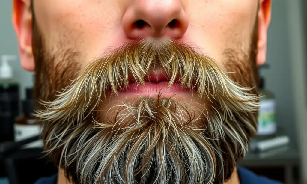 A close-up of a man's face showing a rough, coarse beard that looks stiff and prickly, with visible texture of hard beard hairs, natural lighting, realistic skin details, no text or symbols on the face, no salon equipment, no chemical bottles, no medical tools, no words or numbers visible
