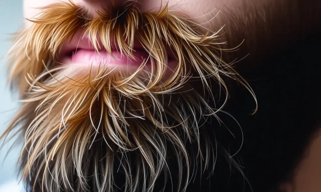 A close-up of a well-groomed beard with some hairs sticking out in different directions, showcasing the natural texture and volume. The beard should look healthy and well-maintained, with a focus on the varying directions of the hairs.
