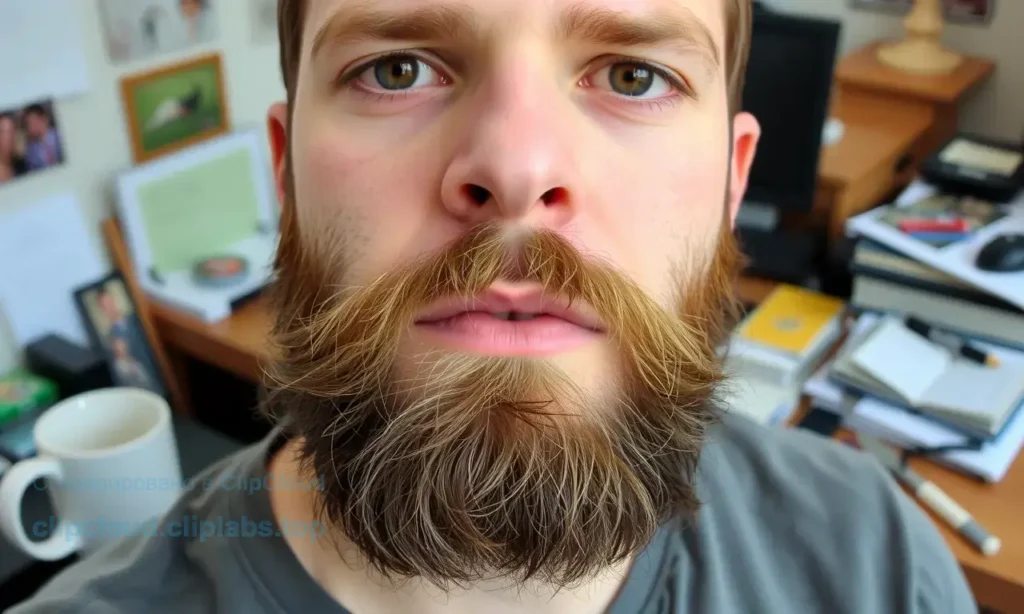 A close-up portrait of a man with a beard that appears sparse despite healthy growth, surrounded by subtle lifestyle cues such as a coffee mug, cigarette, and a cluttered desk, illustrating how lifestyle affects beard condition.