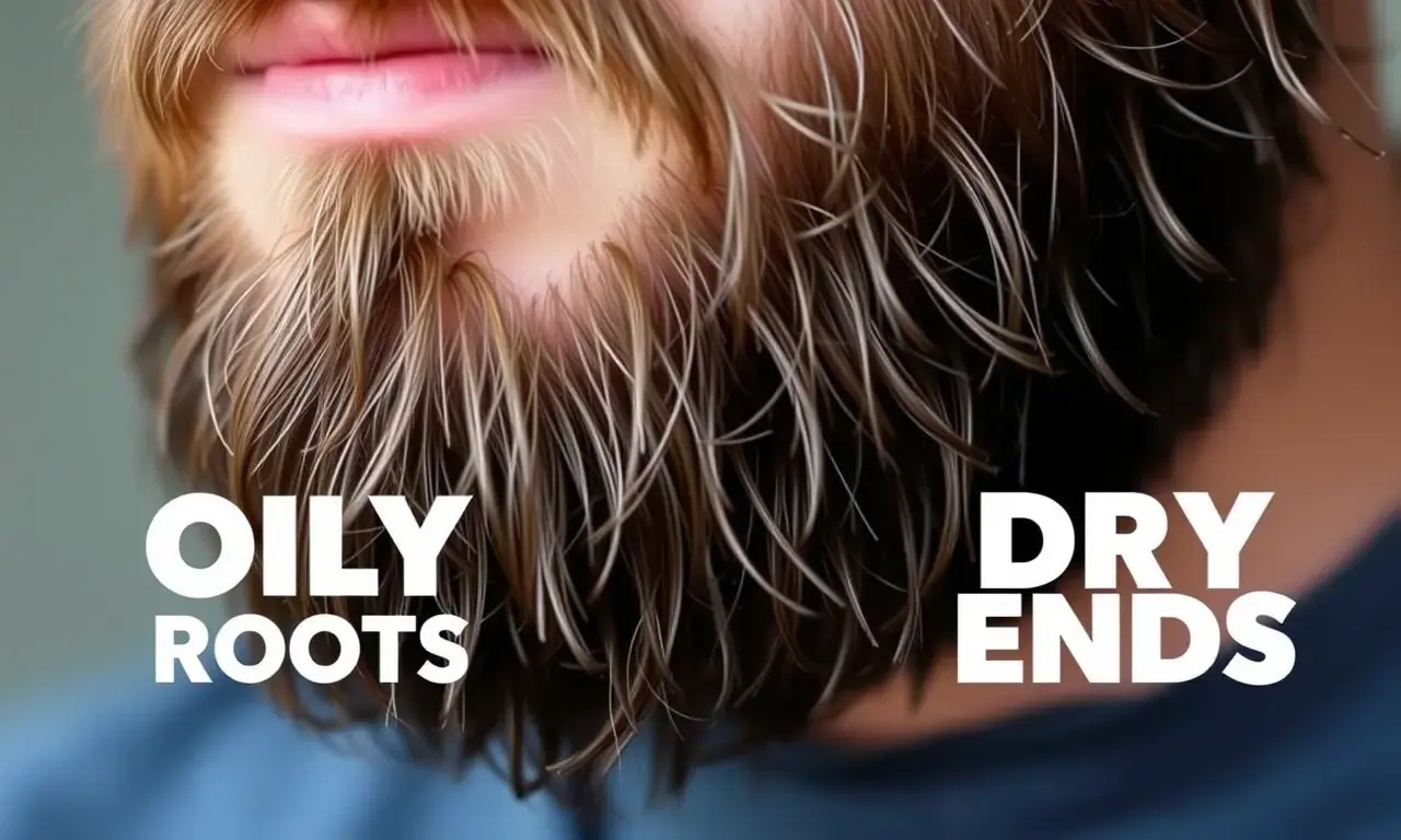 A close-up of a well-groomed beard with oily roots and dry ends, showcasing the contrast in texture. The beard should appear healthy and well-maintained, with a focus on the different care needs for the roots and ends.