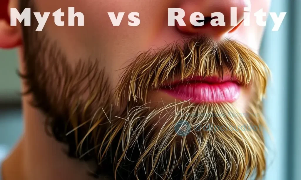 A close-up portrait of a man with a sparse beard after shaving, showing a realistic depiction of beard care and growth stimulation, with grooming tools such as a beard comb and oil bottle, and a subtle background that hints at the myth vs reality theme, all without any text, letters, or digits in the image
