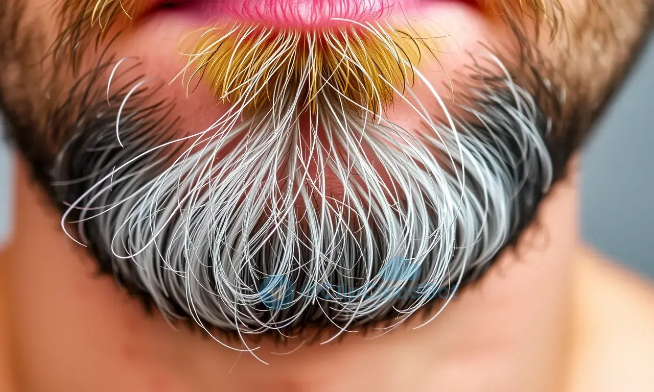 A close-up, detailed image of a man's beard with a few visible ingrown hairs. The beard is neatly trimmed but shows signs of needing attention. The skin around the beard is visible and has some redness and minor blemishes. Focus on the texture of the beard and the skin.