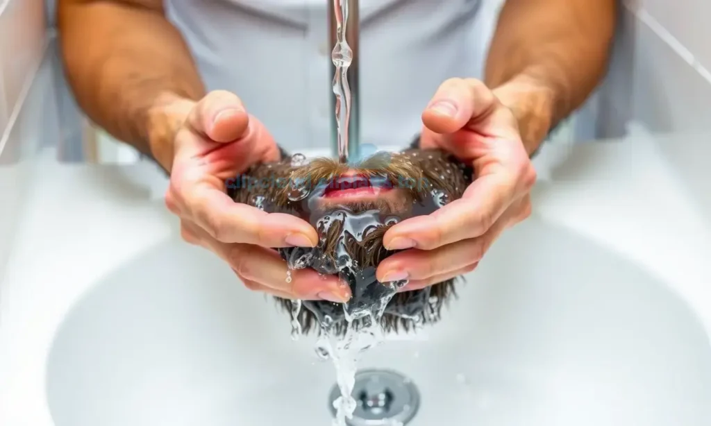 A clean, well-lit bathroom scene showing a man's hands washing a beard with water in a sink. The focus is on the rinsing process, with clear water flowing over the beard to remove wax residue. The background is slightly blurred to emphasize the action. No text, logos, or watermarks are visible.