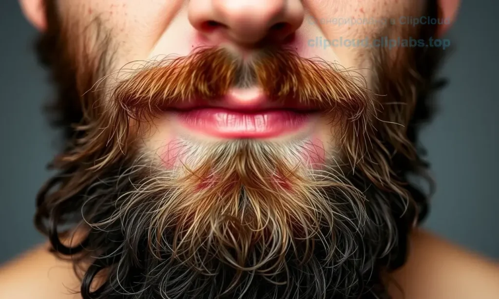 A close-up view of a man's face showing dry, flaky skin under his beard with visible redness and irritation, illustrating the problem of itchy and dry skin under the beard