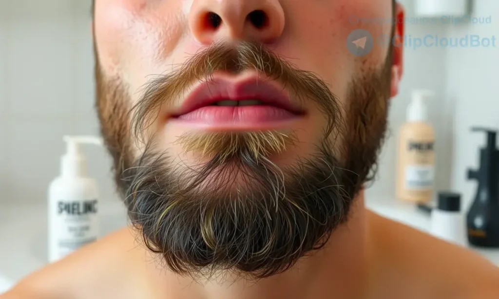 A close-up of a man's face with a beard, showing oily skin underneath the facial hair, with a subtle shine on the skin but no visible sweat or grease, in a clean, well-lit bathroom setting with minimalistic grooming products nearby, natural lighting, realistic skin texture