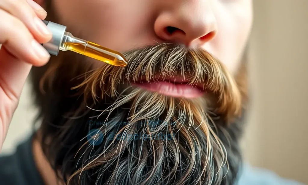 A close-up, high-quality shot of a man's face focusing on a well-groomed, thick beard. The man is applying a few drops of clear, golden beard oil onto his beard, with the oil visibly glistening on the hairs. The background is a soft, out-of-focus neutral tone to emphasize the subject. The lighting is bright and even, highlighting the texture of the beard and the sheen of the oil.