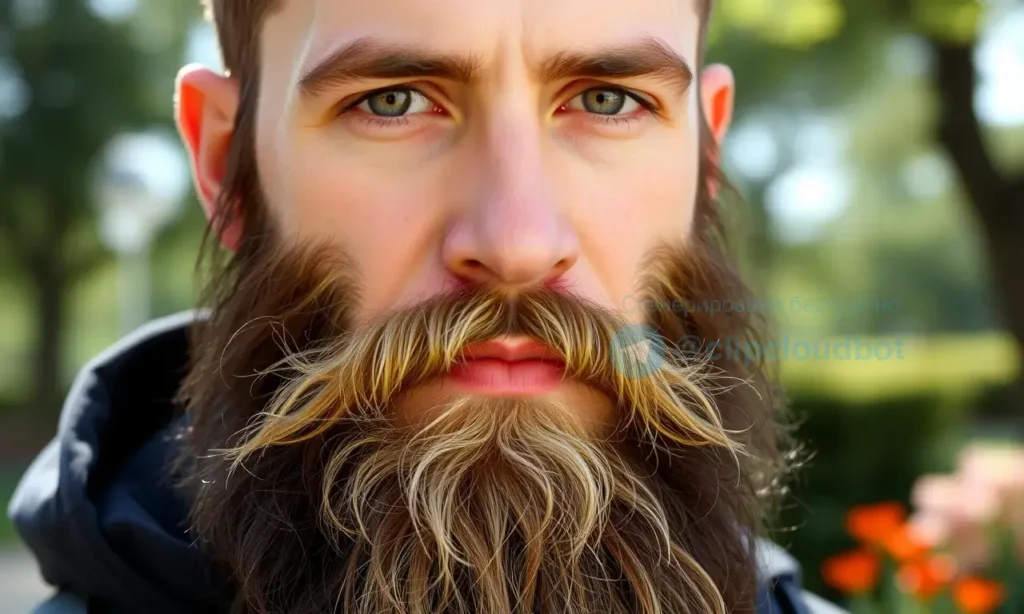 A close-up, high-quality portrait of a man with a well-groomed beard, showing a distinct contrast between the darker, natural pigment of the beard and the lighter, sun-bleached tips. The lighting should be bright and natural, highlighting the texture of the hair and the effect of sun exposure. The man should have a neutral or slightly concerned expression, looking directly at the camera. The background should be a soft, out-of-focus natural setting, like a park or garden, to emphasize the subjec