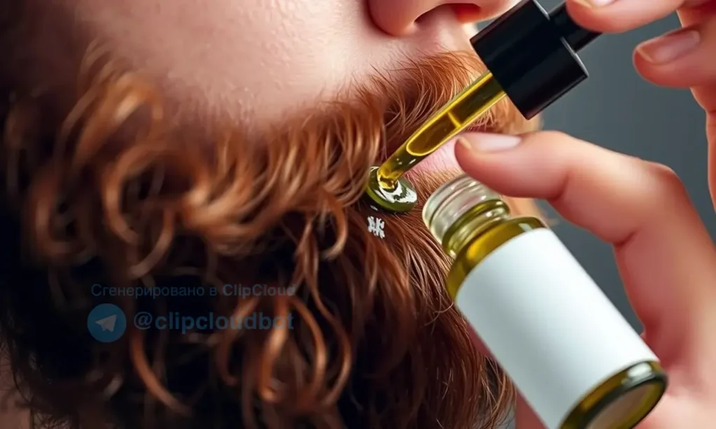 A close-up, detailed image of a man's beard being moisturized with beard oil. The beard should be thick and well-groomed. The oil should be applied with a dropper or brush, showing the texture of the oil and the beard. Soft, natural lighting.