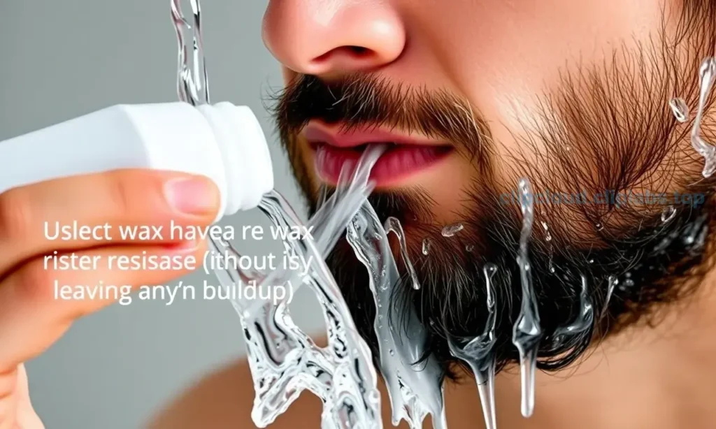 A close-up shot of a man's face, focusing on his beard. He is in the process of washing his beard with water and a gentle cleanser, creating a lather. The water is clear, and the action is depicted as clean and effective, emphasizing the removal of wax residue without leaving any film or buildup. The lighting is bright and natural, highlighting the texture of the beard and the clarity of the water.