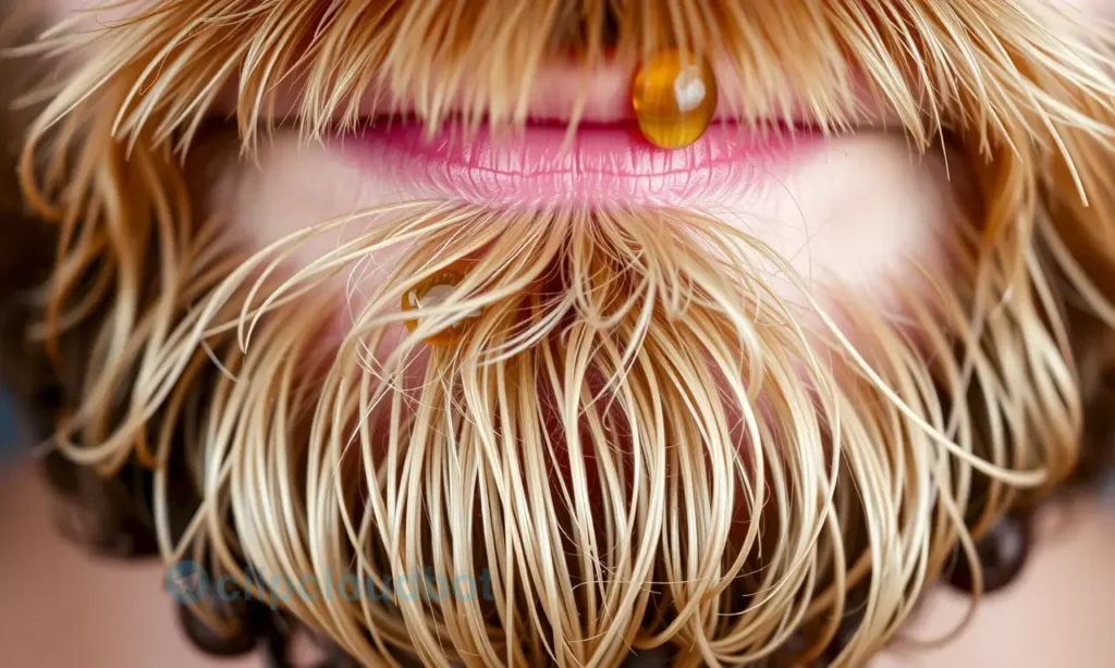 A close-up of a well-groomed man's beard made of soft, smooth strands, with natural oil droplets glistening on the hair, conveying a gentle, natural texture