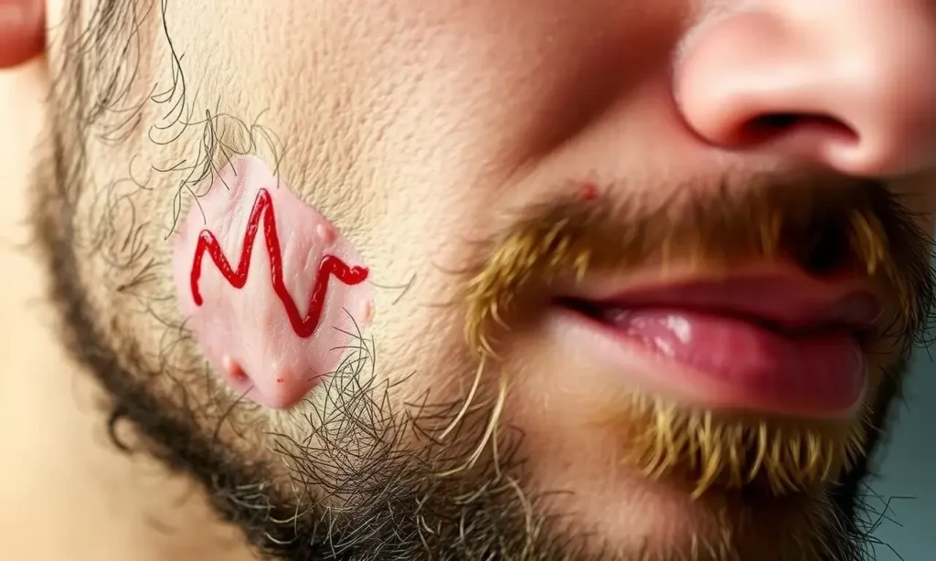 A close-up of a man's face showing early-stage beard growth with visible skin irritation and itching, focusing on the jawline and chin area, with subtle redness and tiny bumps indicating discomfort, soft natural lighting, realistic skin texture, no text or symbols