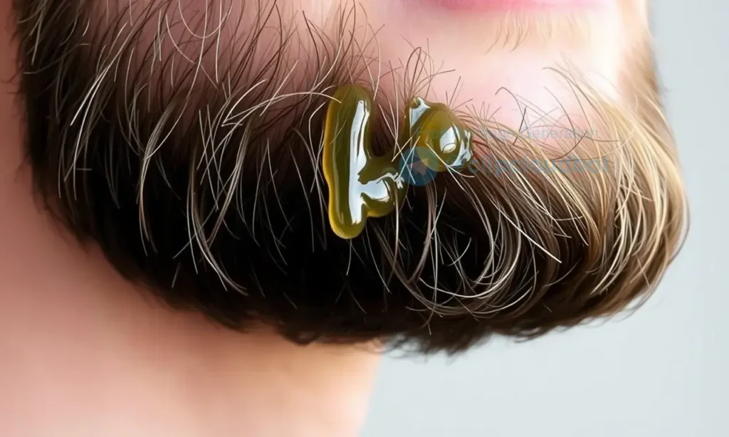 A close-up of a man's beard with a few strands of hair visibly coated in hair oil, highlighting the texture and shine of the oil on the facial hair. The background is neutral and blurred to focus attention on the beard and oil application.