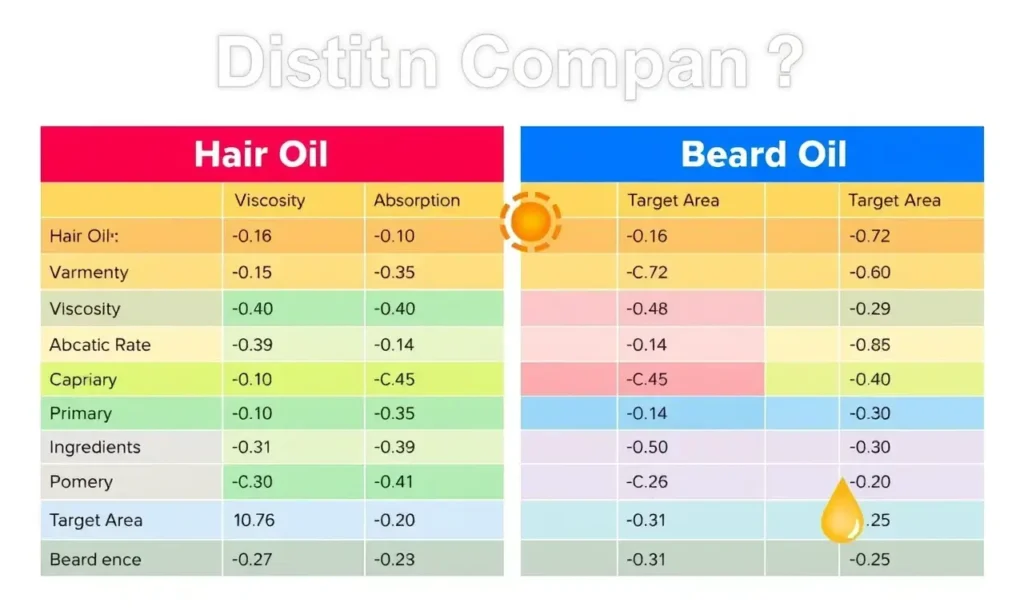A clean, high-quality infographic table comparing hair oil and beard oil. The table should have two main columns: 'Hair Oil' and 'Beard Oil'. Rows should compare key characteristics such as 'Viscosity', 'Absorption Rate', 'Primary Ingredients', and 'Target Area'. The design should be modern, with clear typography and distinct color coding for each column to enhance readability. The background should be neutral to keep the focus on the data.
