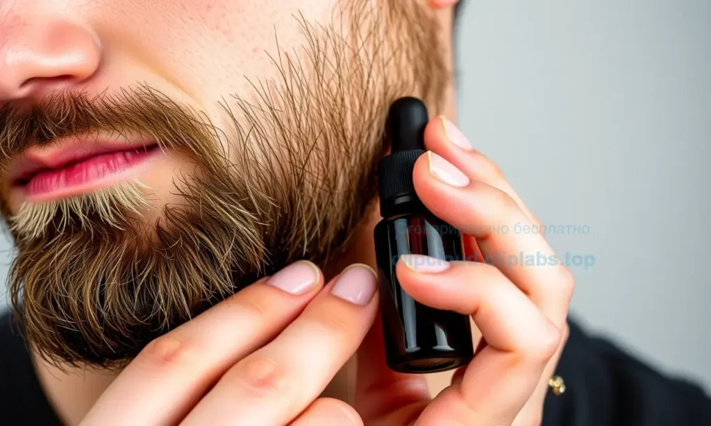 A high-quality, close-up shot of a man with a well-groomed beard applying a few drops of beard oil from a sleek, dark glass dropper bottle onto his skin. The focus is on the texture of the beard and the clarity of the oil, suggesting a premium product suitable for sensitive, acne-prone skin. The background is a soft, neutral blur to emphasize the subject.