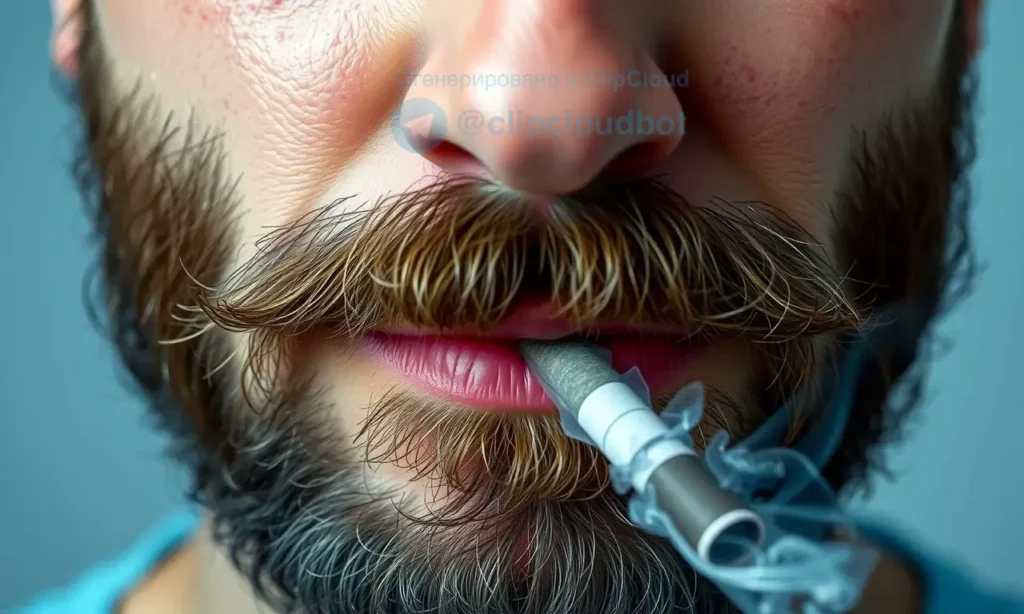 A close-up of a man's face with a noticeable beard, showing a subtle hint of smoke or ash near the beard to symbolize tobacco odor, with a clean and fresh background, realistic lighting, high detail, no text or symbols on the face, no cigarettes or smoking items visible