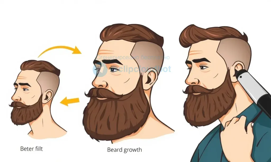 A man with a beard showing different stages of beard growth, with arrows pointing to the direction of hair growth, and a barber giving professional advice on how to control beard growth, in a clear and detailed illustration style