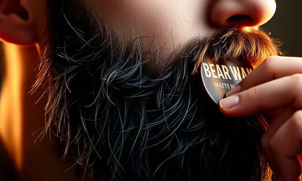 A high-quality, close-up shot of a man's face, focusing on a well-groomed, thick beard. The beard is being styled with a dark, matte-finish beard wax, which is being applied with a small wooden comb. The lighting is warm and professional, highlighting the texture of the beard and the product. The background is a soft, out-of-focus studio setting.