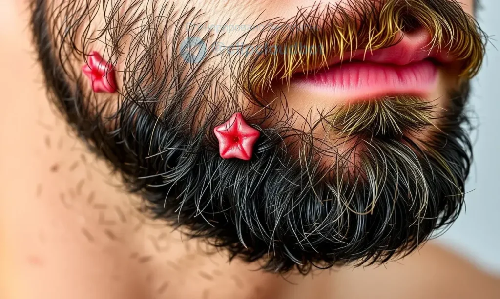 A close-up of a well-groomed man's beard with visible ingrown hairs, showing red inflamed spots (pustules) and subtle skin irritation, realistic skin texture, natural lighting, no text or symbols on skin, clean background