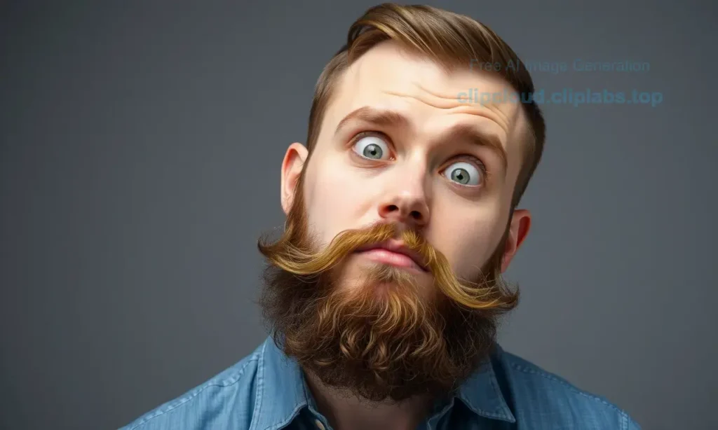 A man with a beard growing in an unusual direction, such as sideways or upward, with a confused or curious expression. The background should be neutral and nondescript to focus on the facial hair anomaly.