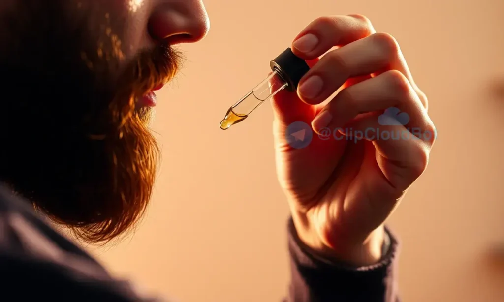 A close-up, high-quality shot of a man with a well-groomed beard applying beard oil. He is holding a small glass dropper bottle and carefully applying the oil to his beard. The lighting is warm and professional, highlighting the texture of the beard and the droplets of oil. The background is a soft, out-of-focus neutral color to keep the focus on the subject and the action.