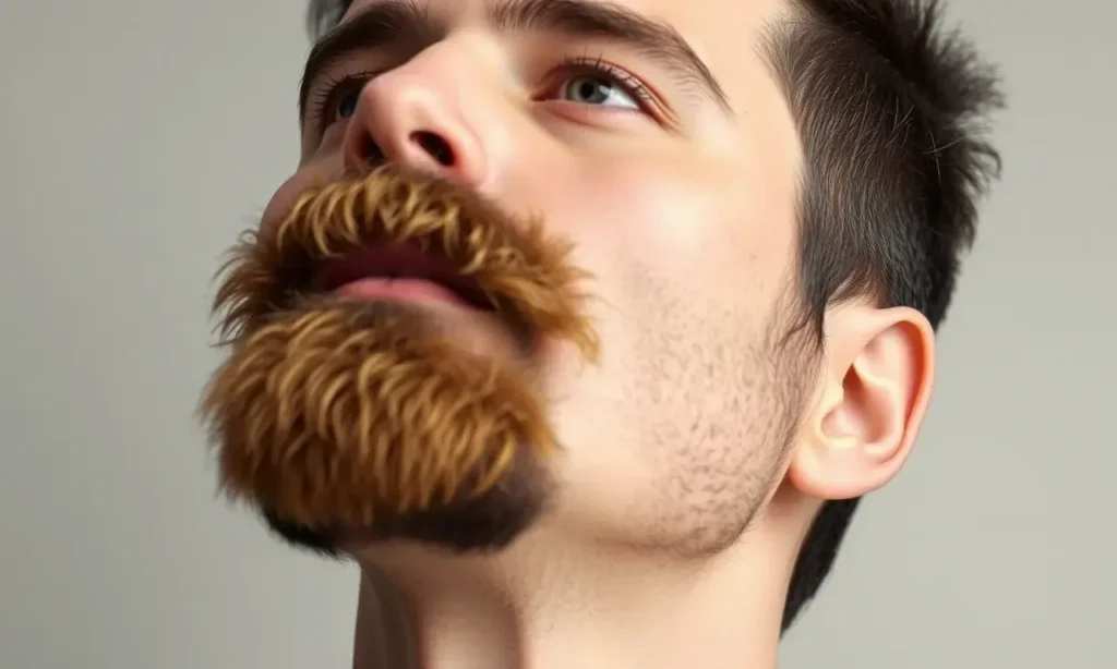 A man with a beard growing in an unusual direction, such as sideways or upward, symbolizing the myth of changing beard growth direction. The image should show a realistic human face with a beard that defies natural growth patterns, using soft lighting and a neutral background to emphasize the surreal aspect. The style should reflect the 'HQ-1280-720-h' quality with clear details and natural skin tones.