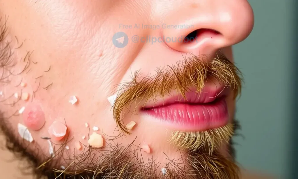 A close-up, high-quality photograph of a man's face, focusing on the area under his beard. The skin in this region is visibly dry and flaky, with small white scales peeling off, illustrating the condition of post-shower irritation. The lighting is soft and natural, highlighting the texture of the skin and the beard hairs. The background is blurred to keep the focus on the skin condition.