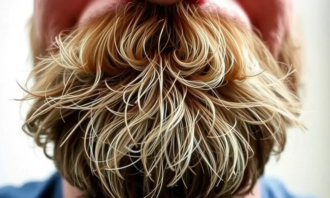 A close-up of a man's beard with coarse, stiff hair strands, showing visible texture and roughness, natural lighting, realistic detail, no text or symbols