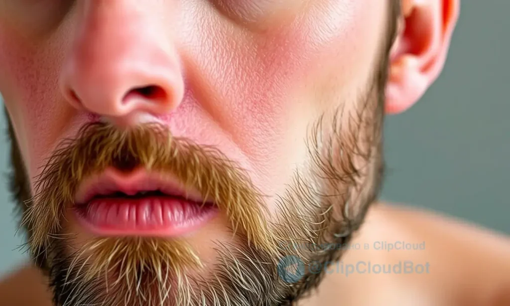 A close-up, high-quality shot of a man's face, focusing on the beard area. The skin under the beard appears slightly red and irritated, indicating a burning sensation or reaction. The man has a concerned or thoughtful expression. The lighting is soft and natural, highlighting the texture of the skin and beard. The background is blurred to keep the focus on the facial irritation.