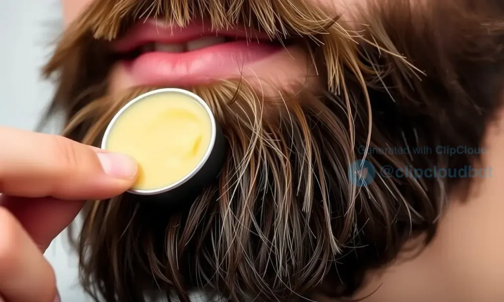 A close-up shot of a man's beard with a small amount of beard wax being applied to the hair. The beard should look neatly styled and well-maintained. Focus on the texture of the beard and the application of the wax.