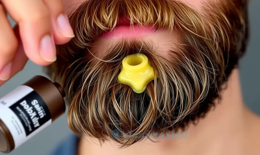 A close-up shot of a man's beard with a small amount of beard wax being applied to it. The beard should look slightly stiff and hold its shape. Focus on the texture of the beard and the wax.