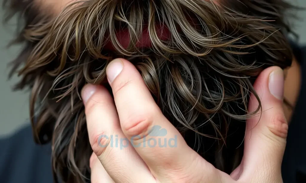A close-up, detailed image of a man's beard being gently untangled. The beard is thick and slightly messy, with strands intertwined. Hands are carefully working to separate the knots, showing a focus on gentle manipulation. Soft, natural lighting.
